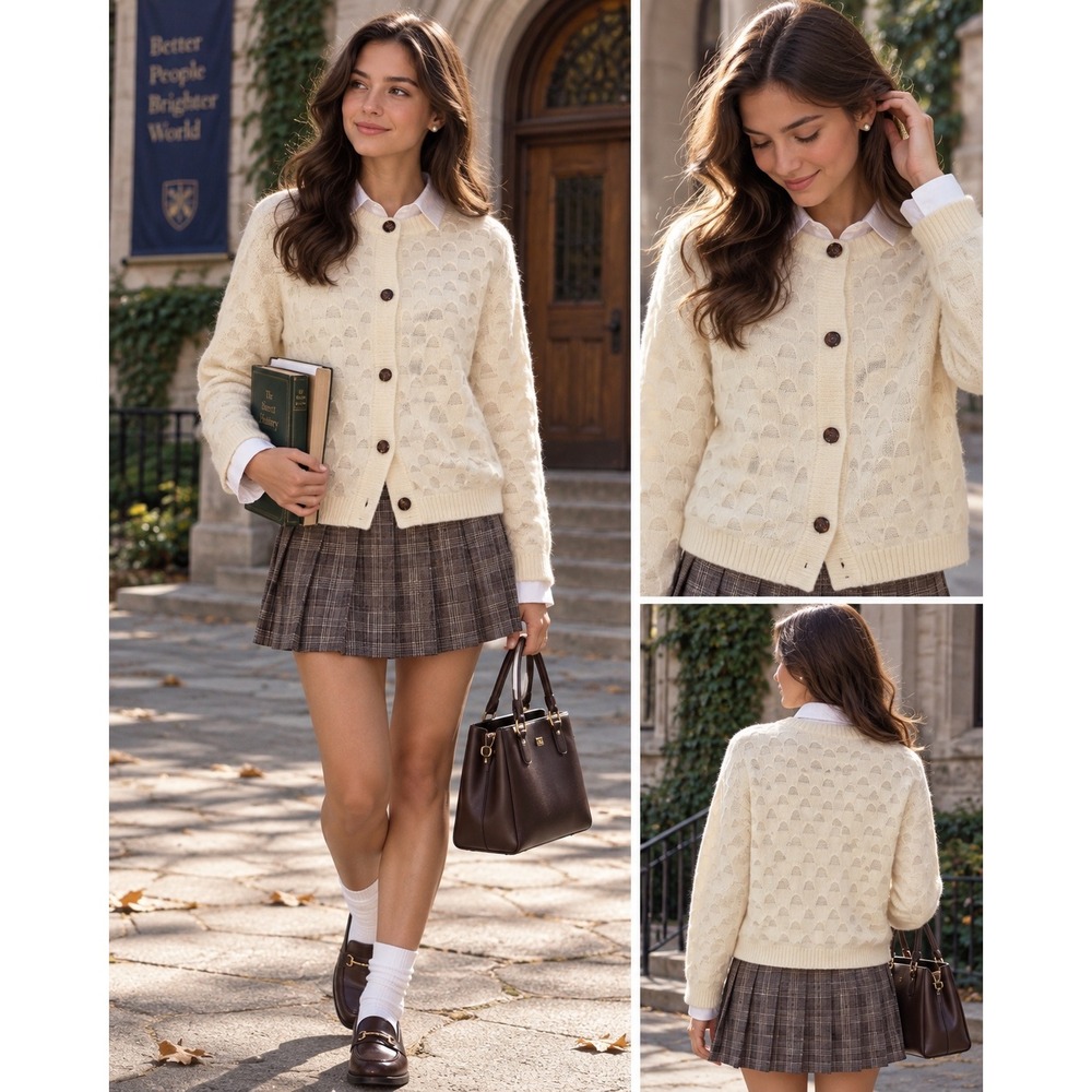 Zara Womens Alpaca Wool Blend Textured Knit Cardigan Cream Small preppy classic